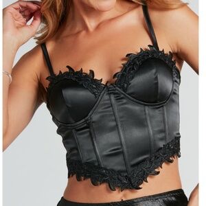 Windsor • Black Double Take Worthy Satin Applique Corset Top • Size S • NWT